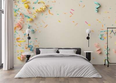 Vibrant Confetti and Streamers on Minimalist Background with Copy Space Wall mural