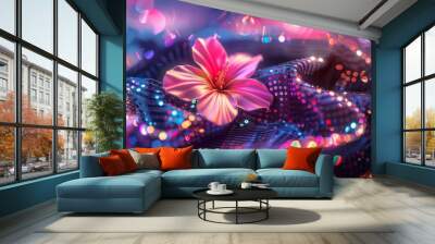 Vibrant Digital T-Shirt Design Highlighting a Flower - Close-Up of Advanced Print Techniques with Colorful Background Wall mural