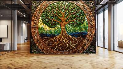 Celtic tree of life mosaic. AI generated. Wall mural