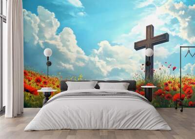 cross on the hill with poppies, ai generated Wall mural