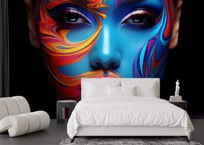 Fashion model woman face with fantasy art make-up.  Fashion art portrait,  neon colors. cosmetics, beauty salon. AI generated digital art Wall mural