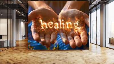 Open palm hands with the word healing, ai generated. Wall mural