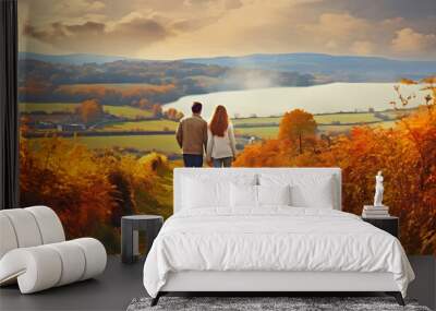 Panorama couple walking across landscape.AI generated. Wall mural