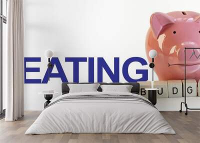 Saving for the coming massive rise in our heating bill - pink piggy bank looking sad with the word HEATING and wooden block letters spelling BUDGET isolated on white background Wall mural