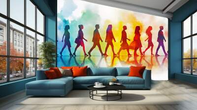 silhouette of people on a colorful background,  ai generated. Wall mural