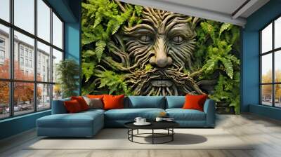 tree trunk with green man face. AI generated. Wall mural