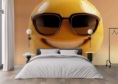 yellow round object with sun glasses and a smile, ai generated. Wall mural