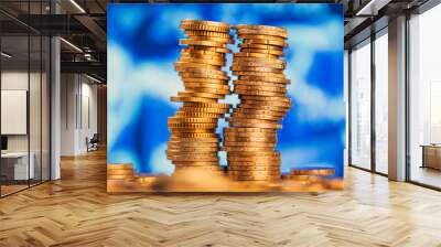 European money, economic charts in the background. The concept of saving, making money. Variously stacked coins. Wall mural