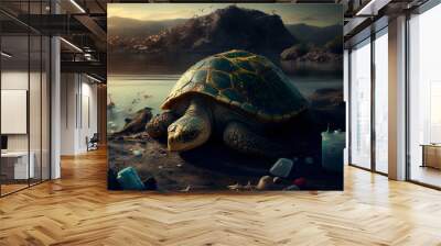 Turtle on a polluted beach, a lot of garbage, Made by AI, Artificial intelligence Wall mural