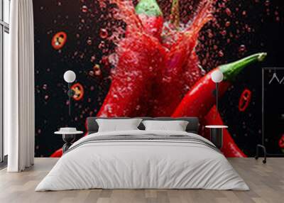 two red chili peppers falling into a pool of red liquid Wall mural