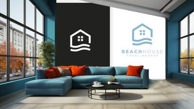 minimalist beach house logo design line art vector illustration Wall mural