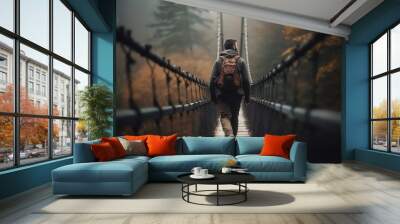 A shot of a hiker crossing a suspension bridge, Generative AI
 Wall mural