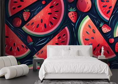 Vibrant Watermelon and Strawberry Patterned Illustration Wall mural