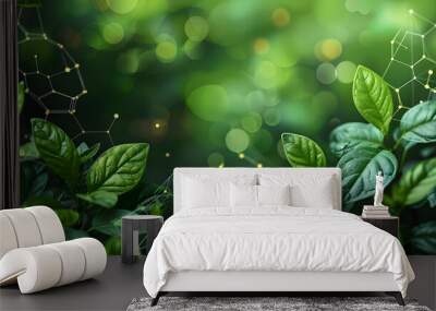 Biology laboratory nature and science, Plants with biochemistry structure on green background. Wall mural