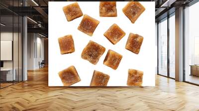 pile of jaggery pieces, golden brown colored cube shaped unrefined sugar product   on white and transparent background. Ai generated  Wall mural