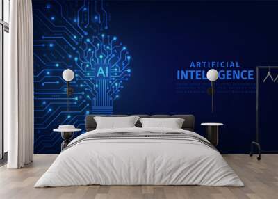 The light bulb circuit with AI chip on the circuit motherboard. Idea and innovation by AI. Artificial intelligence and Machine learning technology concept. Vector Illustration. Wall mural