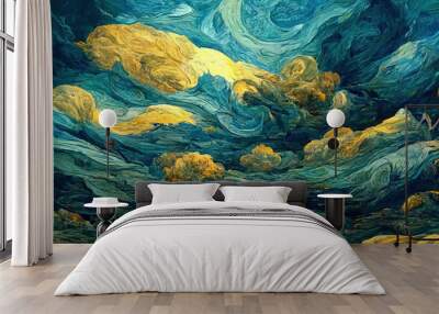 Abstract background as surreal illustration of cloudscape above city in style of oil paintings, blue white and yellow clouds swirls Wall mural