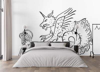 Medieval knight with sword and shield fights scary dragon Wall mural