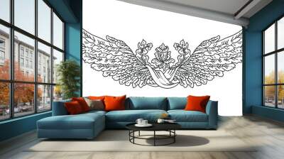 Vector vintage vignette of angel bird wings with flowers and ribbon, heraldic decorative element in antique style as black outline illustration isolated on white Wall mural