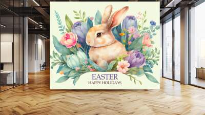 Watercolor painting of vintage Easter card design as illustration of Easter bunny in flowers and tulips with text Happy Holidays as rabbit generative AI art Wall mural