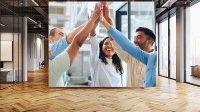 Business people, diversity or high five in teamwork success, advertising goals or team building in marketing modern office. Smile, happy or collaboration hands gesture, creative designer men or women Wall mural