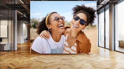 Girl friends, hug and travel summer vacation outdoors on safari. Diverse happy gen z women friendship, love embrace and support or comic care free together on holiday fun lifestyle activity Wall mural