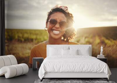 Happy, black woman and summer travel happiness of a person in nature. Portrait of a person from Texas with a smile feeling holiday freedom from traveling in the countryside on vacation break Wall mural