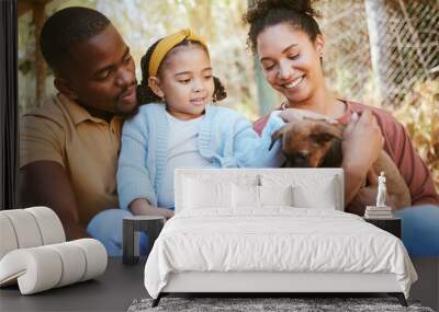 Happy family, animal shelter and dog with girl and parents bond, relax and sharing moment of love, trust and care. Black family, animal rescue and puppy with family at shelter, playful, cute and joy Wall mural