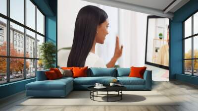 Home video call, manager meeting team online and virtual interview. Business woman at home, conversation end and people working. Coach speaking, happy staff member and internet communication Wall mural