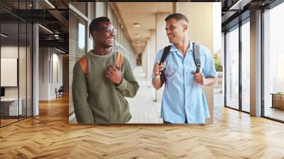 Men, students and friends with education and university, together talking and laughing with funny and study at college. Comedy, discussion and friendship communication, learning and happy outdoor Wall mural