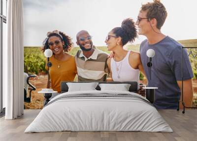 Summer, adventure and portrait of friends in nature on holiday, enjoying roadtrip. Vacation, freedom and young multicultural group smiling in countryside. Travel, explore and happy people on journey Wall mural