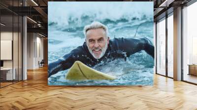 Surf, sea and sports with a mature man surfer in the water for sport, fitness and surfing during summer. Training, workout and exercise with a male athlete on his surfboard in the ocean alone Wall mural