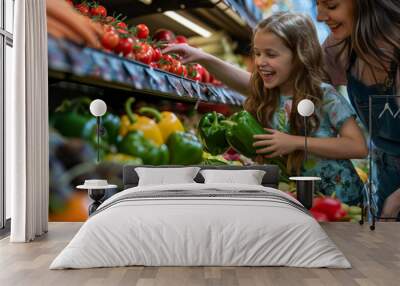 A Caucasian family is shopping for fresh fruits and vegetables in a department store. Wall mural