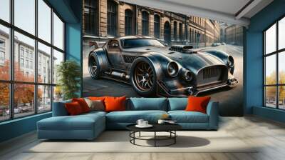 A custom-built vintage car with a steampunk design parked on an empty historic street. Wall mural