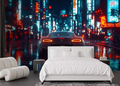 A technology futuristic style car is driving on the streets of the night city. Wall mural