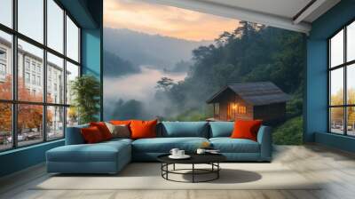 A wooden hut on the mountain in the morning overlooking nature and mist in the valley. Wall mural