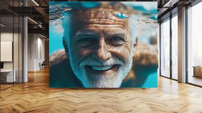 An elderly Caucasian man is swimming with enjoyment in the sea. Wall mural