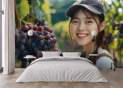 Asian woman holding grapes in hand in vineyard. Wall mural