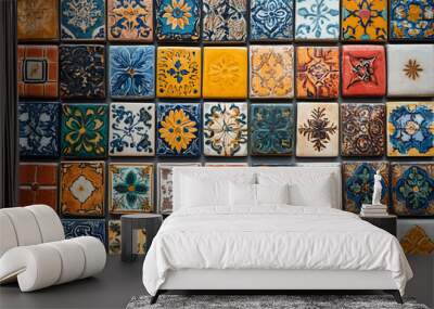 Brightly colored tiles with traditional patterns. Arranged neatly on the wall, each tile is painted with a unique design. Wall mural