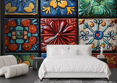 Brightly colored tiles with traditional patterns. Arranged neatly on the wall, each tile is painted with a unique design. Wall mural