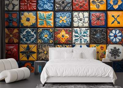 Brightly colored tiles with traditional patterns. Arranged neatly on the wall, each tile is painted with a unique design. Wall mural