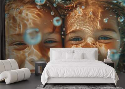 Caucasian boy and girl are having fun diving in the swimming pool. Wall mural