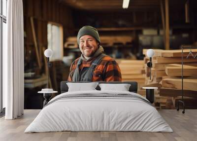 Caucasian carpenter looking at camera with confidence in factory. Wall mural