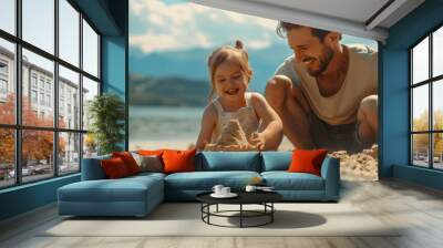 Caucasian father and daughter playing in the sand on the beach. Wall mural