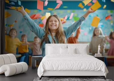 Caucasian girl smiling happily at classroom party. Wall mural