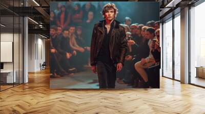 Caucasian male model in fashion clothes walks on the catwalk. Wall mural