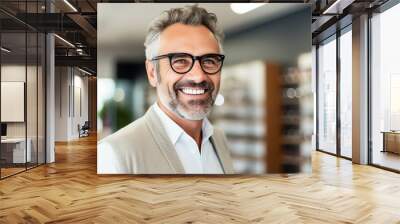 Caucasian man tries on glasses in an eyeglasses store. Wall mural