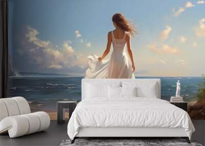 Caucasian woman in white dress walks along the beach. Wall mural