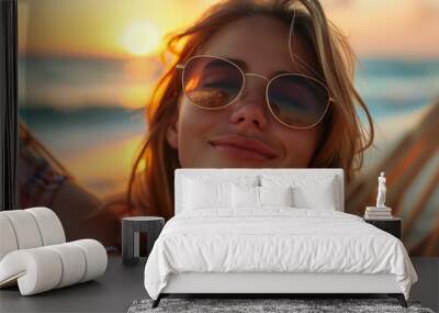 Caucasian woman lying in a hammock at sunset on a tropical beach. Wall mural