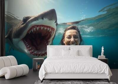 Caucasian woman playing with sharks in the sea. Wall mural